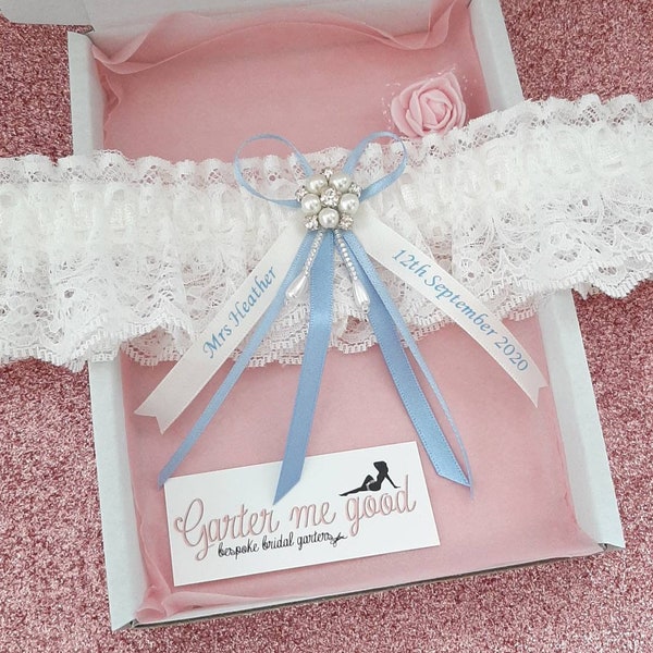 Luxury personalised wedding garter with pearl centre, bridal garter with name and date, personalised ribbon - choose your colour