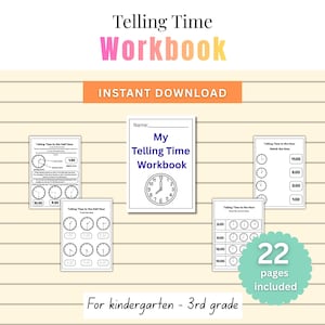Könnte beinhalten: Ein Arbeitsbuch mit dem Titel "Telling Time Workbook" mit dem Text "Instant Download". Das Arbeitsbuch enthält Seiten mit Zifferblättern zum Erlernen der Uhrzeit. Auf dem Umschlag steht "My Telling Time Workbook". Enthält 22 Seiten. Für Kindergarten - 3. Klasse.
