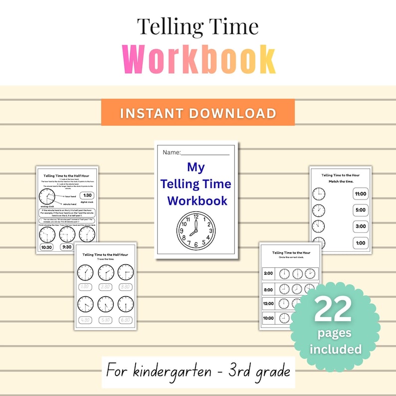 Learning Time Workbook Telling Time Workbook | School Printable | Telling Time Worksheets ...
