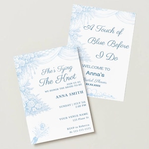 Peut inclure: Deux cartons d'invitation de douche nuptiale blancs avec des motifs floraux bleus et du texte. L'une des cartes indique « Elle se marie » et l'autre « Une touche de bleu avant de le faire ». Détails : nom de la mariée, date, heure et RSVP.