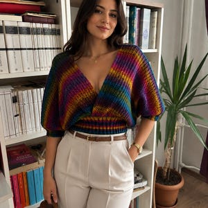 Hand-Knitted Rainbow V-Neck Top - Cozy Colorful Statement Piece - Unique Crochet Blouse