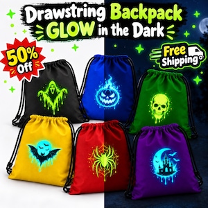 May include: Six drawstring backpacks in black, blue, green, yellow, red, and purple, each featuring a glow-in-the-dark graphic including a ghost, pumpkin, skull, bat, spider, and haunted castle. Text reads Drawstring Backpack GLOW in the Dark.