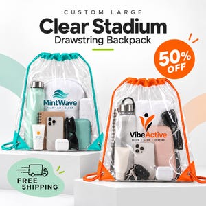 May include: Two large clear stadium drawstring backpacks, one with teal trim and a MintWave logo, the other with orange trim and a VibeActive logo. Both bags are filled with personal items including water bottles, smartphones, sunglasses, and small pouches.