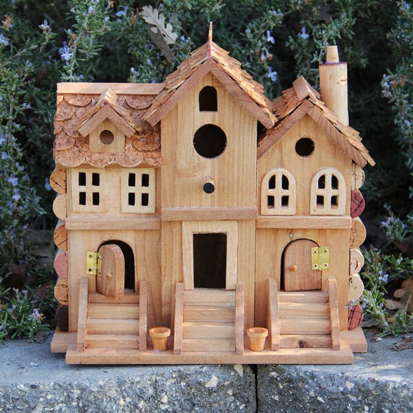 Three Townhouses birdhouse, wood and wine corks