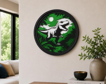 T-Rex Paper Cut Shadowbox, Layered Dinosaur Wall Art, Kids Nursery Decor, 3D Framed Hanging