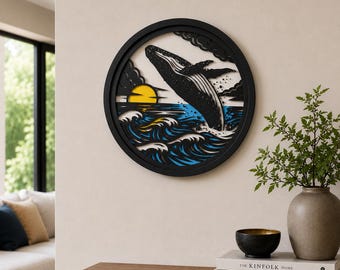 Breaching Whale Paper Cut Shadowbox, Layered Ocean Wall Art, Nautical Decor, Framed Hanging