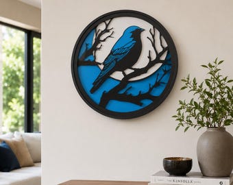 Bluebird and Moon Paper Cut Shadowbox, Layered Paper Bird Wall Art, Celestial Nature Decor, 3D Framed Wall Hanging, Birder Gift