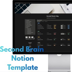 May include: A computer monitor showing a dark-themed Notion template, "Second Brain Orig." The screen displays a project dashboard with tasks and data. The text "Second Brain Notion Template" is in blue and white below the monitor.