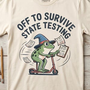 May include: Cream-colored t-shirt with the text "OFF TO SURVIVE STATE TESTING". The graphic features a green frog riding a scooter, wearing a wizard hat, and holding a clipboard. Test papers swirl around the frog. A fun design for students.