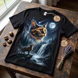 May include: A black t-shirt featuring a graphic print of a tortoiseshell cat looking at a full moon above a waterfall and forest landscape, with a smaller cat standing on a rock ledge. The shirt includes two round tags labelled Cat Cosmos Creations.
