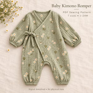 May include: A sage green baby kimono romper with a white daisy floral print, long sleeves, and a side tie closure. The text reads: Baby Kimono Romper, PDF Sewing Pattern, 7 sizes, 1-24M, Digital download, No physical item.