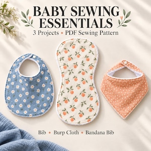 Könnte beinhalten: Ein PDF-Schnittmuster mit dem Titel BABY SEWING ESSENTIALS für drei Projekte: ein blaues Lätzchen mit Gänseblümchenmuster, ein cremefarbenes Spucktuch mit Orangenmuster und ein orangefarbenes Bandana-Lätzchen mit weißen Punkten, jeweils mit Druckknopf.