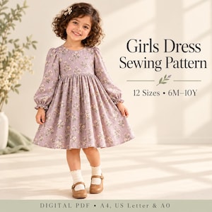 Könnte beinhalten: Ein Schnittmuster für ein Kleid mit langärmeligem, knielangem Kleidungsstück aus hellviolettem Stoff mit weißem Blumenmuster. Der Text lautet: Girls Dress Sewing Pattern, 12 Sizes 6M-10Y, DIGITAL PDF A4, US Letter & A0.