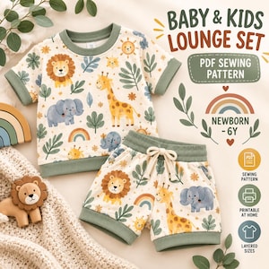 Könnte beinhalten: Ein PDF-Schnittmuster für ein Baby- und Kinder-Loungeset, bestehend aus einem kurzärmeligen Oberteil und einer Shorts mit cremefarbenem Hintergrund, grünen Bündchen und einem Muster aus Löwen, Giraffen, Elefanten, Sonnen, Regenbögen und Blättern.