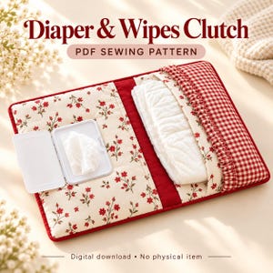 Könnte beinhalten: Eine Windel- und Feuchttuch-Tasche aus Stoff mit cremefarbenem Hintergrund und rotem Blumenmuster, einem einfarbig roten Mittelteil und einer rot-weiß karierten Tasche. Der Text lautet Diaper & Wipes Clutch PDF SEWING PATTERN Digital download No physical item.