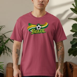 Maroon t-shirt with Brazil soccer ball and flag graphic.