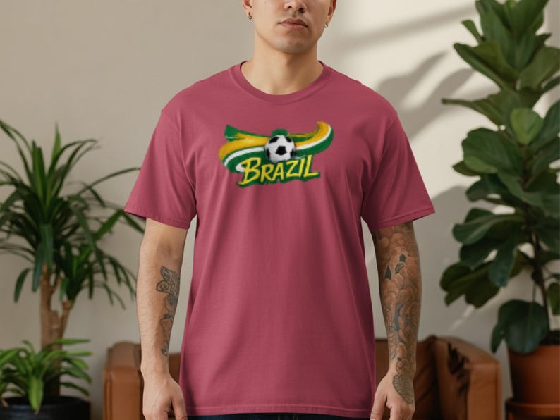 Maroon t-shirt with Brazil soccer ball and flag graphic.