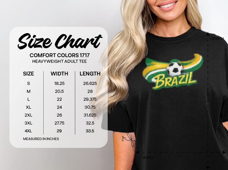 Comfort Colors 1717 heavyweight adult tee size chart with measurements.
