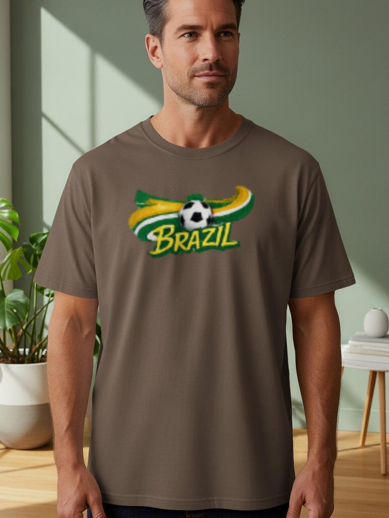 Man wearing a brown t-shirt with a "Brazil" soccer graphic.