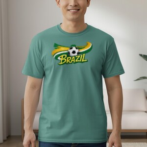 Teal t-shirt with "BRAZIL" text and a soccer ball graphic.