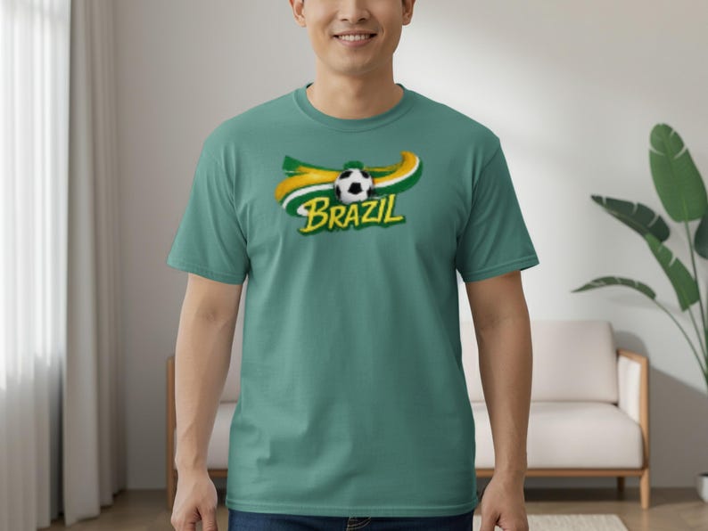 Teal t-shirt with "BRAZIL" text and a soccer ball graphic.