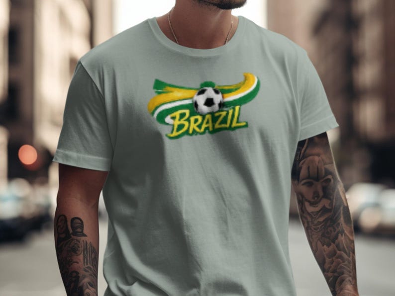 Grey t-shirt with "Brazil" logo featuring a soccer ball and green and yellow stripes.
