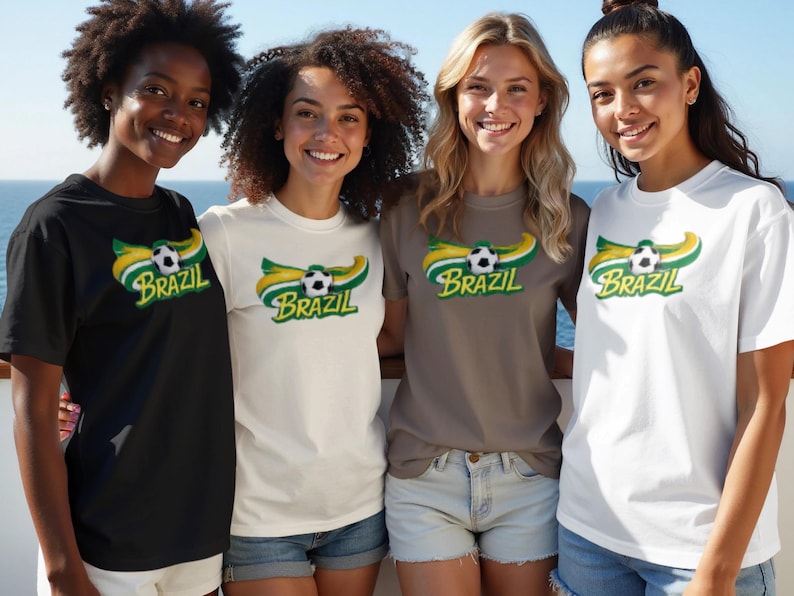 Four women smile wearing Brazil soccer t-shirts on a boat.