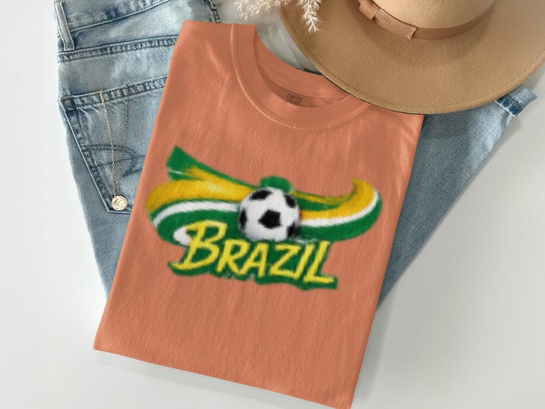 Orange t-shirt with "BRAZIL" and soccer ball graphic.