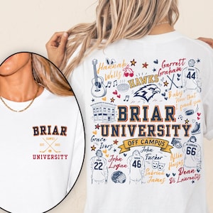 May include: A white t-shirt featuring a small Briar University logo on the front left chest. The back displays a large graphic with the text Briar University Off Campus, hockey jerseys, a guitar, a hawk head, and various names and icons.