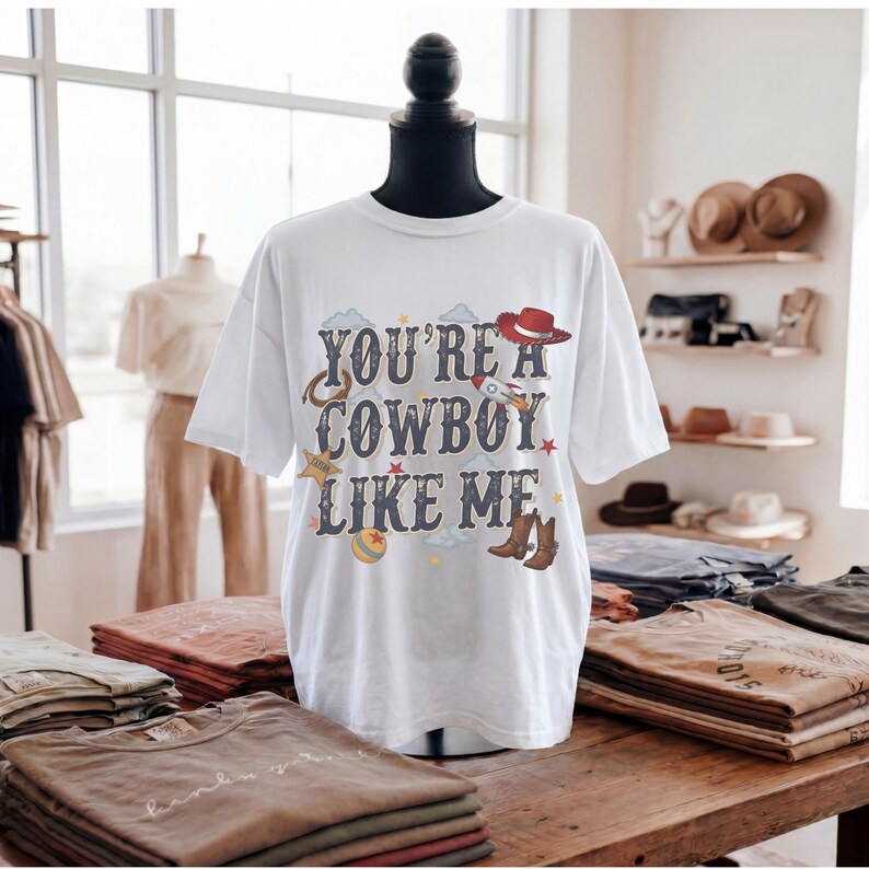 May include: A white short-sleeve t-shirt featuring the text "YOU'RE A COWBOY LIKE ME" in a dark blue font. The graphic includes illustrations of a red cowboy hat, a rocket ship, a lasso, a yellow star, a ball, and brown cowboy boots.