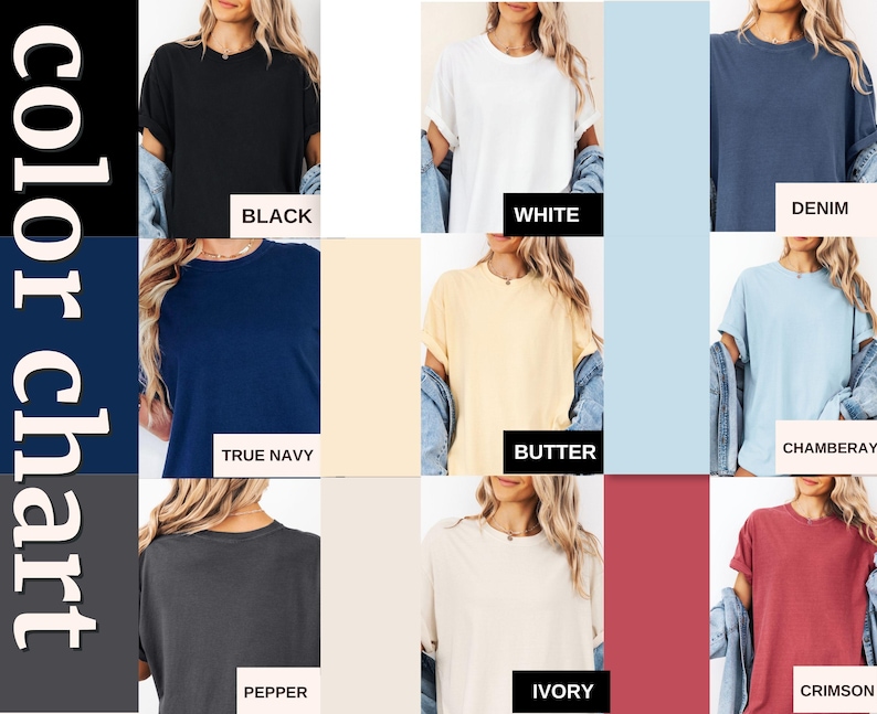 May include: A color chart displaying nine short-sleeve t-shirts in various solid colors labeled as black, white, denim, true navy, butter, chamberay, pepper, ivory, and crimson. Each shirt features a crew neckline and rolled sleeve cuffs.