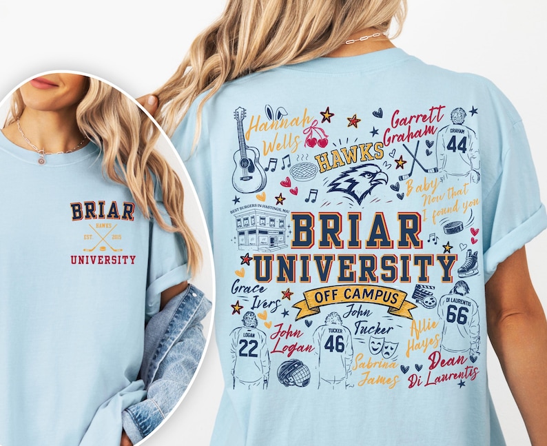 May include: A light blue t-shirt featuring a small Briar University logo on the front left chest. The back displays a large graphic with the text Briar University Off Campus, hockey jerseys with numbers 22, 46, 66, 44, names, and icons.