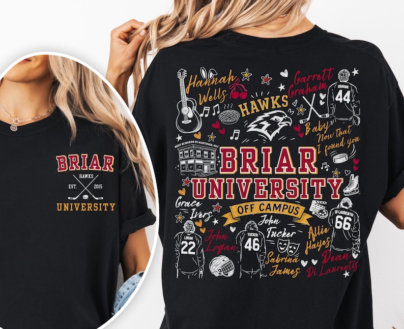 May include: A black t-shirt featuring a small Briar University logo on the front left chest. The back displays a large graphic with the text Briar University, Off Campus, and various illustrations including hockey players, a guitar, and names.