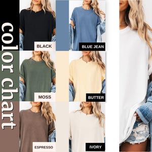 May include: A color chart featuring seven short-sleeved t-shirts in black, blue jean, moss, butter, espresso, ivory, and white. Each shirt is displayed with text labels identifying the color, and the chart is titled color chart on the left side.