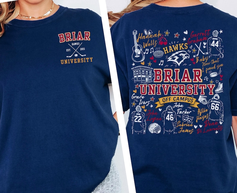 May include: A navy blue t-shirt featuring a small Briar University Hawks logo on the front left chest. The back displays a large, detailed graphic with the text Briar University Off Campus, surrounded by hockey-themed illustrations and names.