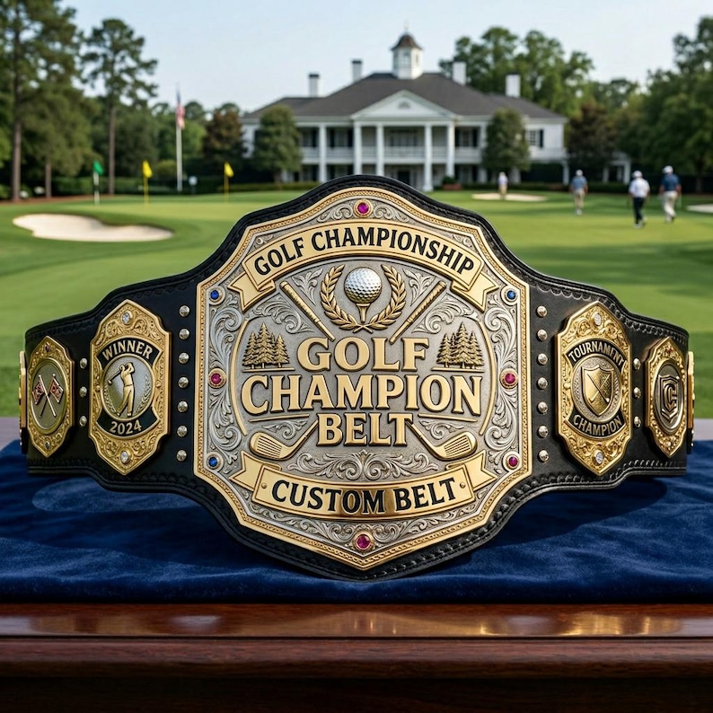 May include: A custom golf championship belt with gold and silver accents. The belt features the text "GOLF CHAMPION BELT" and "CUSTOM BELT". The belt has a black leather strap and is displayed on a blue surface.