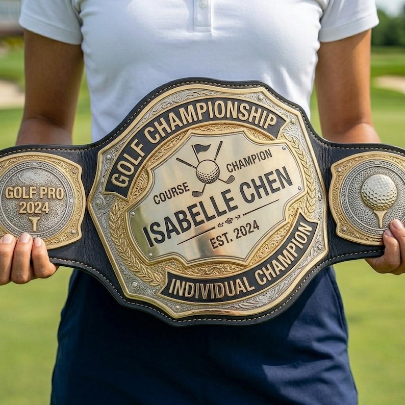 May include: A gold and black golf championship belt with the text "GOLF CHAMPIONSHIP" and "INDIVIDUAL CHAMPION". The belt features the name "ISABELLE CHEN" and "EST. 2024". The side of the belt reads "GOLF PRO 2024".