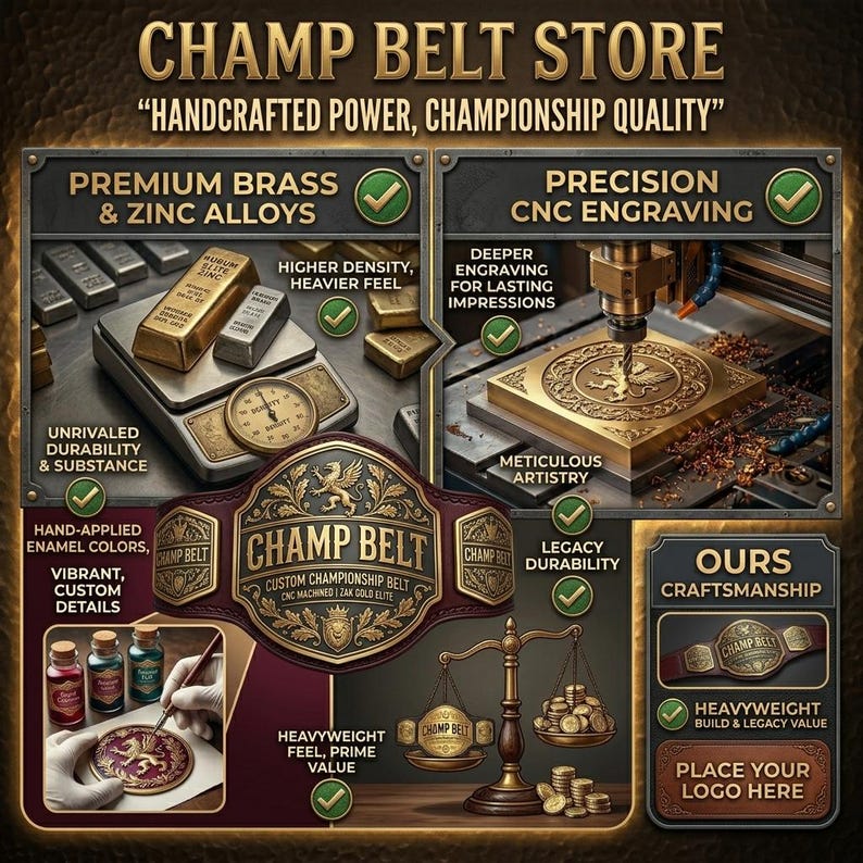 May include: An advertisement for Champ Belt Store, showcasing custom championship belts. The image highlights premium brass and zinc alloys, precision CNC engraving, and hand-applied enamel colors. The text includes "Handcrafted Power, Championship Quality."