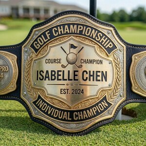 May include: A golf championship belt with gold and black accents. The belt features the text "GOLF CHAMPIONSHIP" and "INDIVIDUAL CHAMPION". The center plate reads "ISABELLE CHEN" and "EST. 2024" with golf-themed graphics.