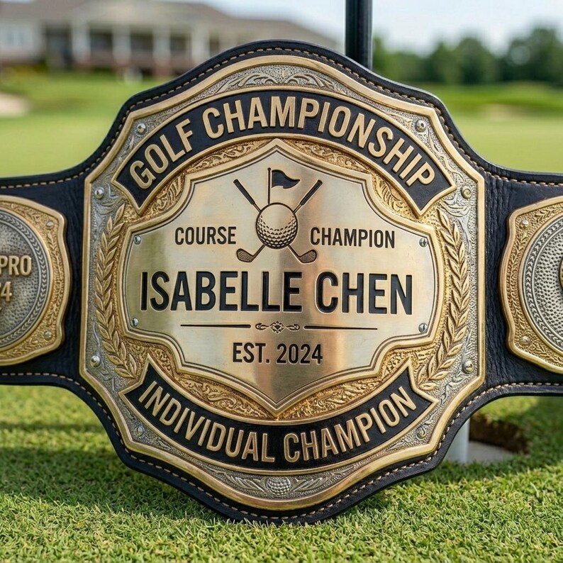 May include: A golf championship belt with gold and black accents. The belt features the text "GOLF CHAMPIONSHIP" and "INDIVIDUAL CHAMPION". The center plate reads "ISABELLE CHEN" and "EST. 2024" with golf-themed graphics.