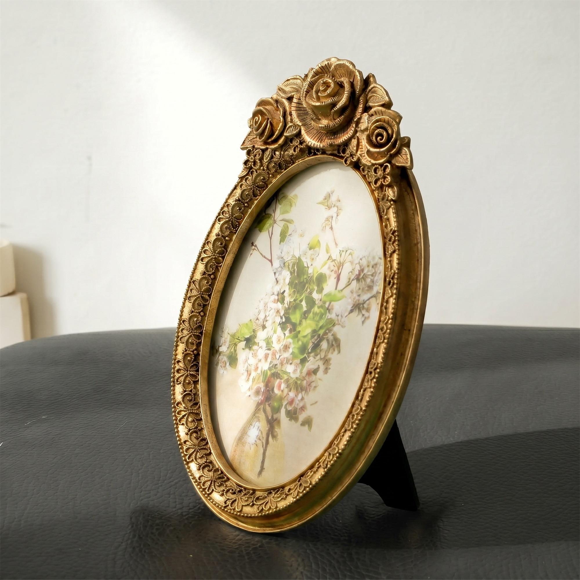 5.1"x7.9" Ornate Gold Oval Photo Frame, Vintage Rose Top With Floral ...