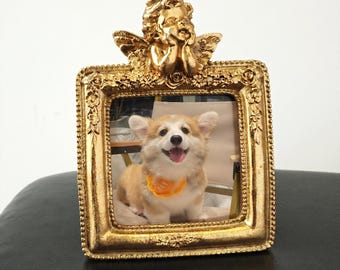 Vintage gouden vierkante fotolijst met engeltje, sierlijke bloemen gesneden lijst, antieke fotolijst voor woondecoratie en cadeaus