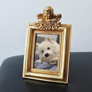 May include: A gold-coloured picture frame with a cherub and floral design at the top. The frame holds a photograph of a fluffy white dog. The frame is on a black surface.