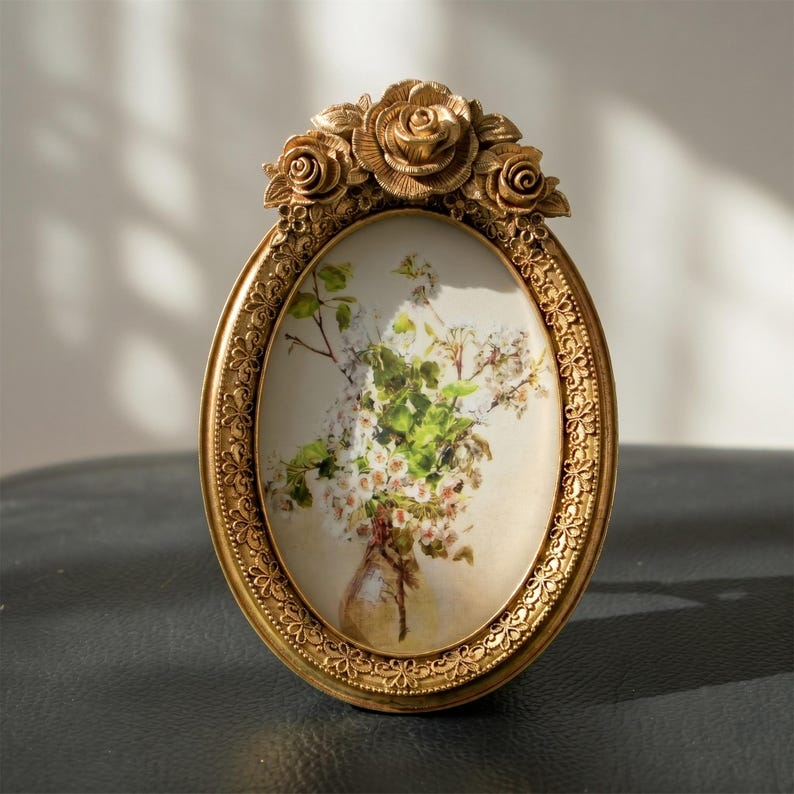 5.1"x7.9" Ornate Gold Oval Photo Frame, Vintage Rose Top With Floral ...