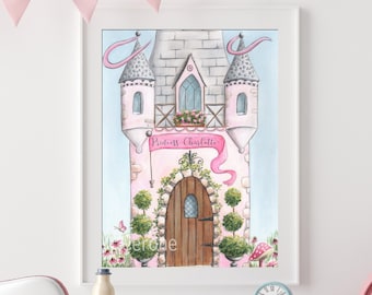 Lámina personalizada de castillo de princesa, letrero de cuento de hadas para la habitación infantil, regalo para la habitación de princesa de hijas, habitación infantil rosa palo para niña, temática de hadas.