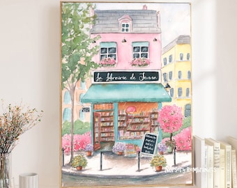 Paris Bookstore Print Personalized,  La Librairie Poster, France Home Decor, Parisian Girls Room Wall Art, French Nursery Watercolor Giclee