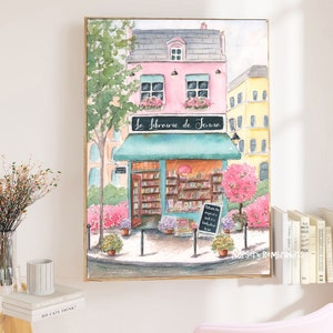 Paris Bookstore Print Personalized,  La Librairie Poster, France Home Decor, Parisian Girls Room Wall Art, French Nursery Watercolor Giclee