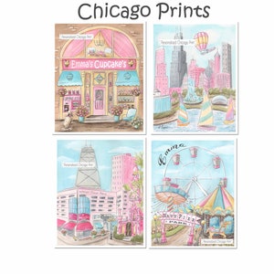 Pink Chicago City Art Prints, Chicago Watercolor Travel Nursery Wall Decor, Pink Chicago Poster Backdrop, Set Of 4 All Personalized, 6 Sizes