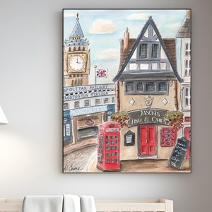 Puede incluir: Una pintura de acuarela de una escena de calle de Londres con una cabina telef&oacute;nica roja, un edificio con un letrero que dice "Jascn's Fish & Chips", y una torre del reloj en el fondo.