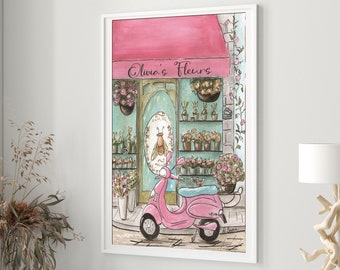 May include: A watercolour painting of a pink flower shop with a pink scooter parked in front. The shop is called "Olivia's Fleurs" and has a pink awning. There are flowers and plants in pots outside the shop.